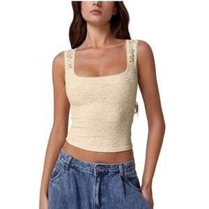 Qinsen Beige Lace Sleeveless Top Women's Floral Tank Blouse